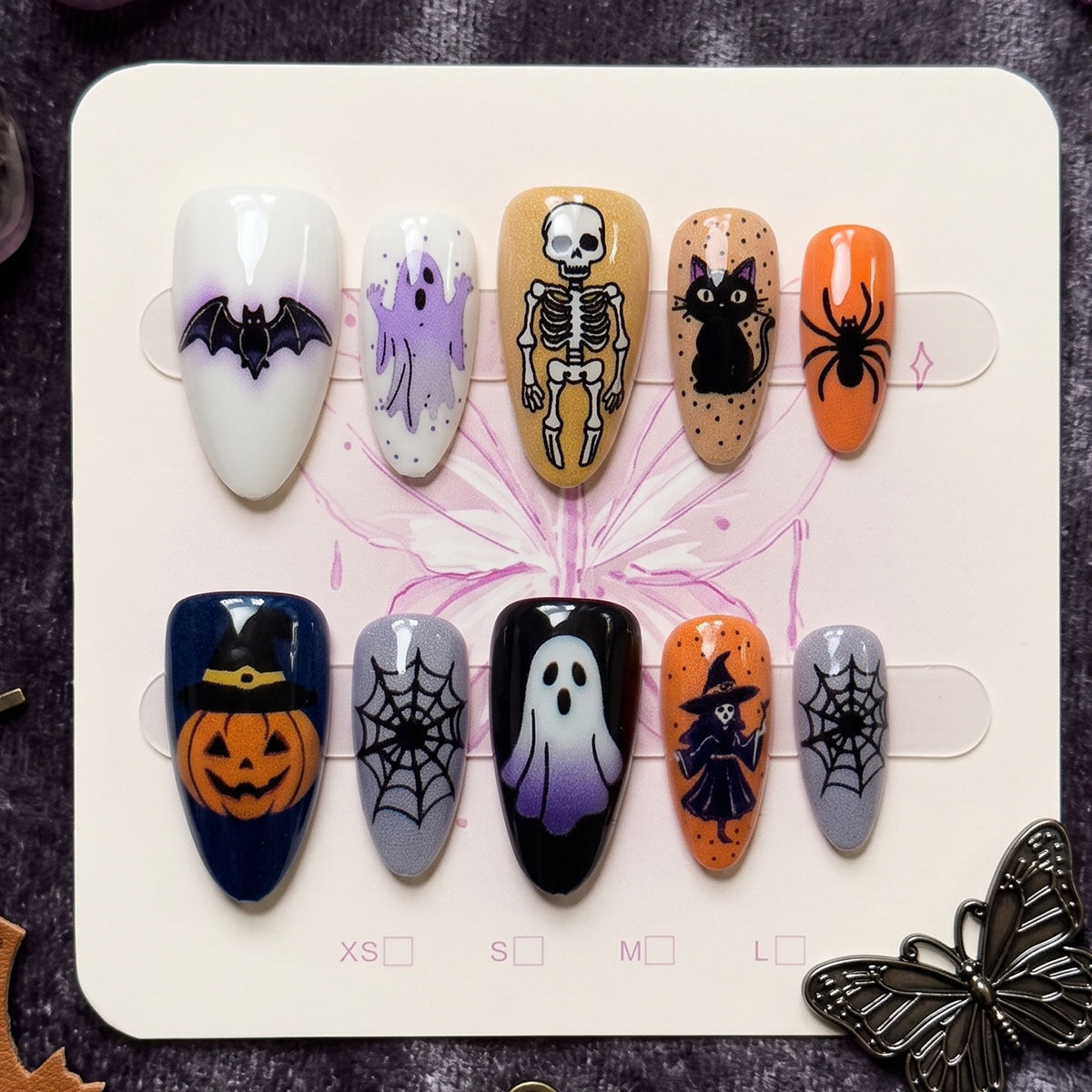 10-piece nail display card with bat, ghost, skull, cat, spider, pumpkin, witch, web on cardstock