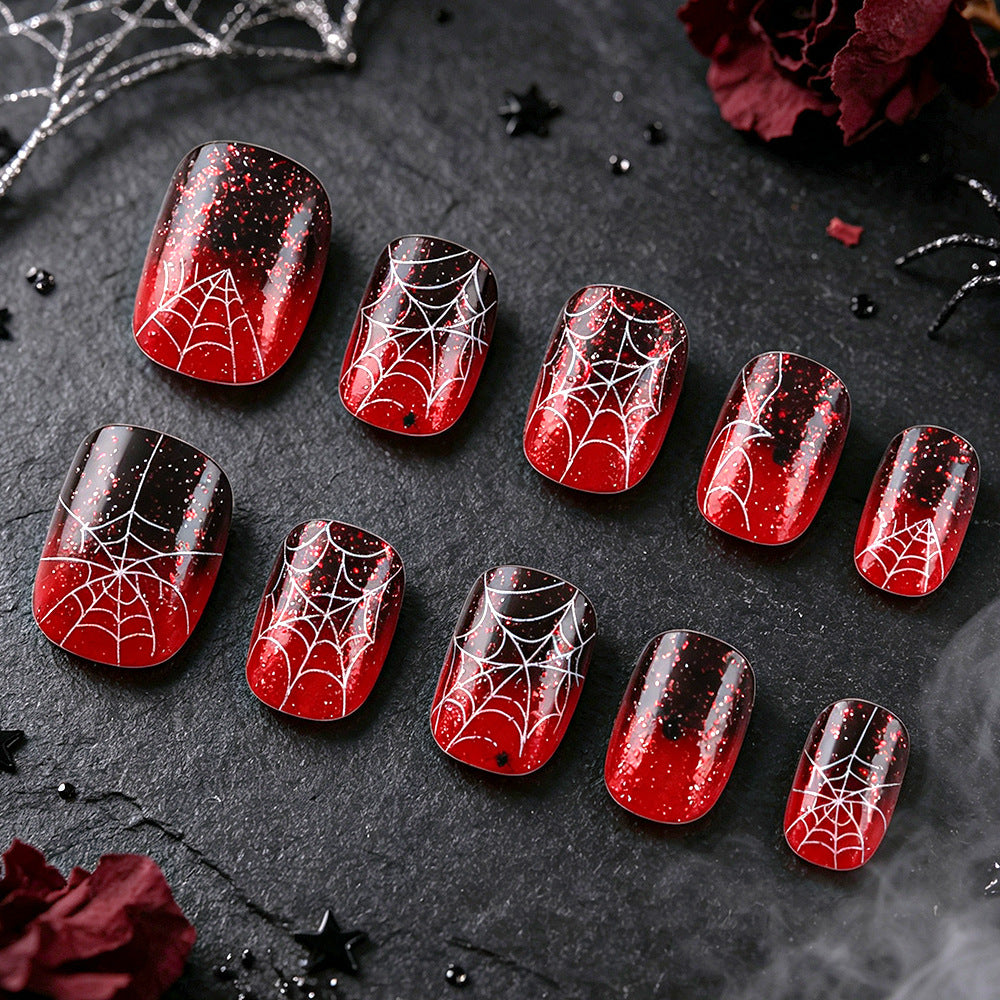 Black Red Ombre Spider Web Halloween Press-On Nails (24 Pcs Universal Fit)