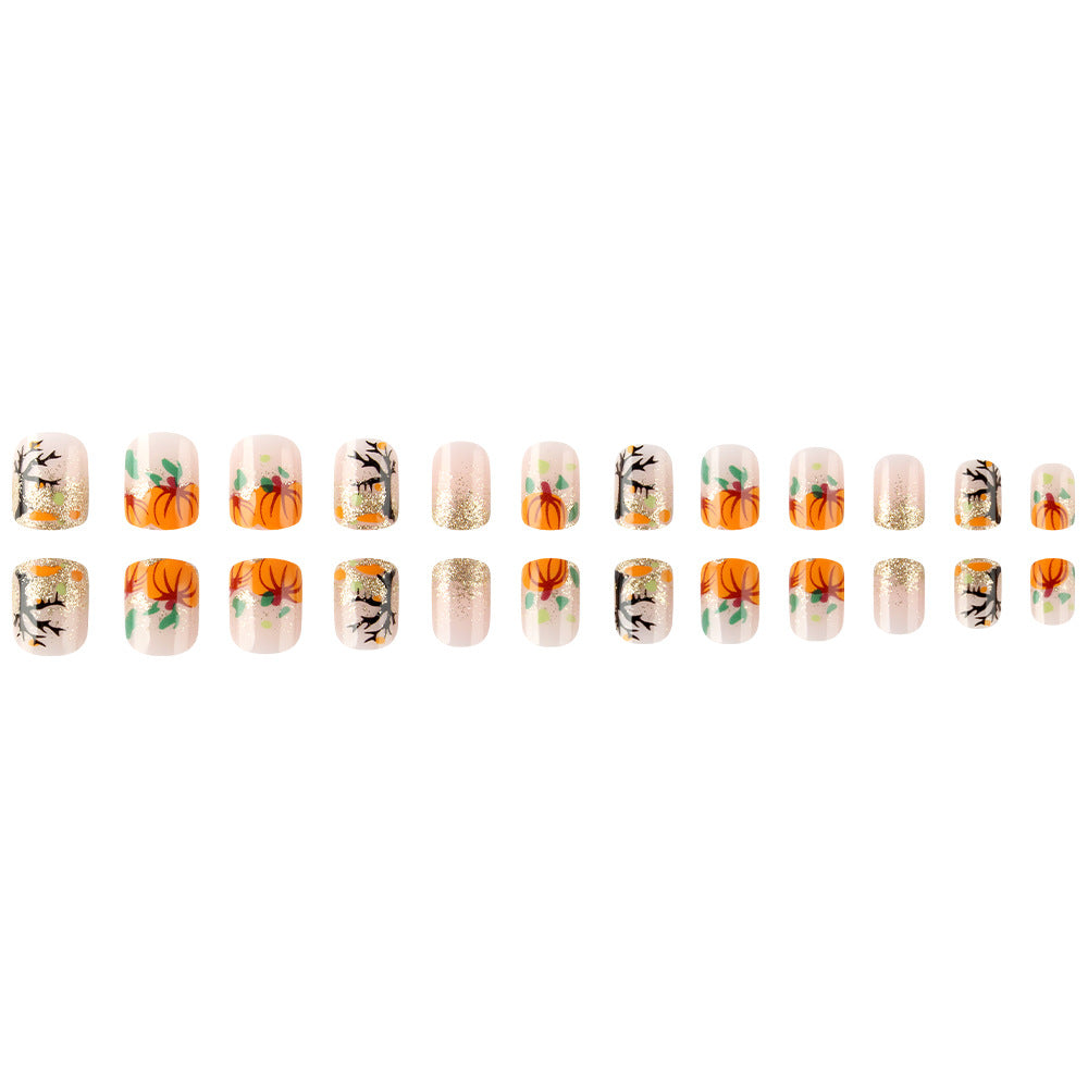 Autumn Pumpkin Patch Glitter Press-On Nails (24 Pcs Universal Fit)