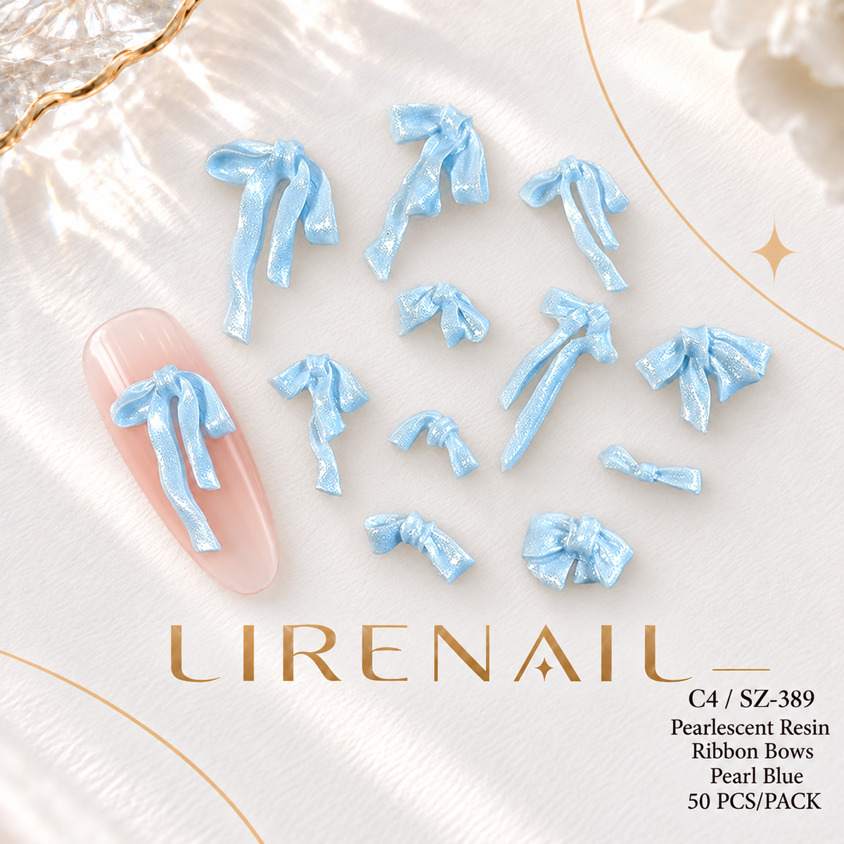 Pearlescent Resin Ribbon Bow Nail Charms – 50 Pcs – Pearl Blue