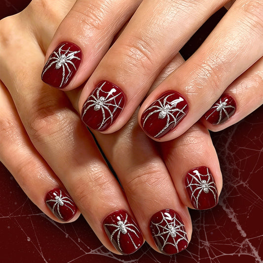 Crimson Glitter Spider Halloween Press-On Nails (24 Pcs Universal Fit)