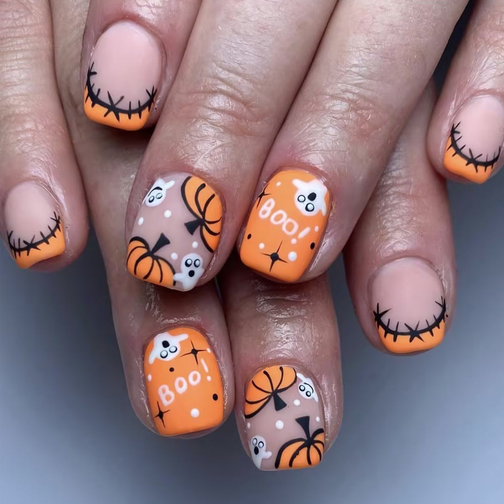 Pumpkin Stitched French Halloween Press-On Nails (24 Pcs Mix & Match)