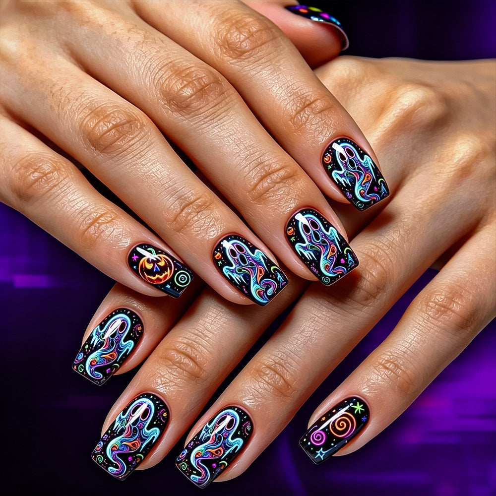 Neon Psychedelic Ghost Halloween Press-On Nails (24 Pcs Universal Fit)