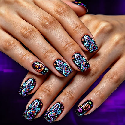 Neon Psychedelic Ghost Halloween Press-On Nails (24 Pcs Universal Fit)
