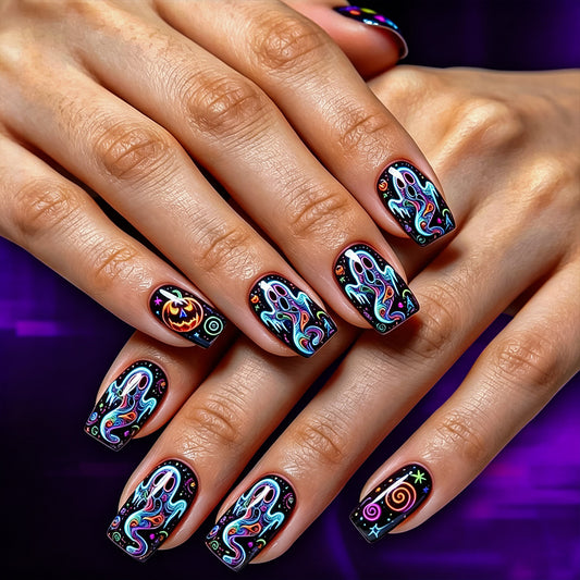 Neon Psychedelic Ghost Halloween Press-On Nails (24 Pcs Universal Fit)