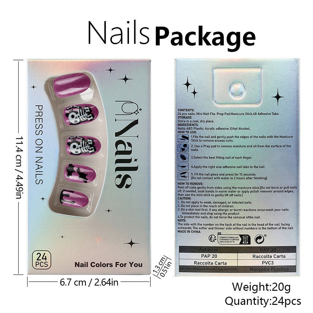 Purple Shimmer Skeleton Cat Halloween Press-On Nails (24 Pcs Universal Fit)