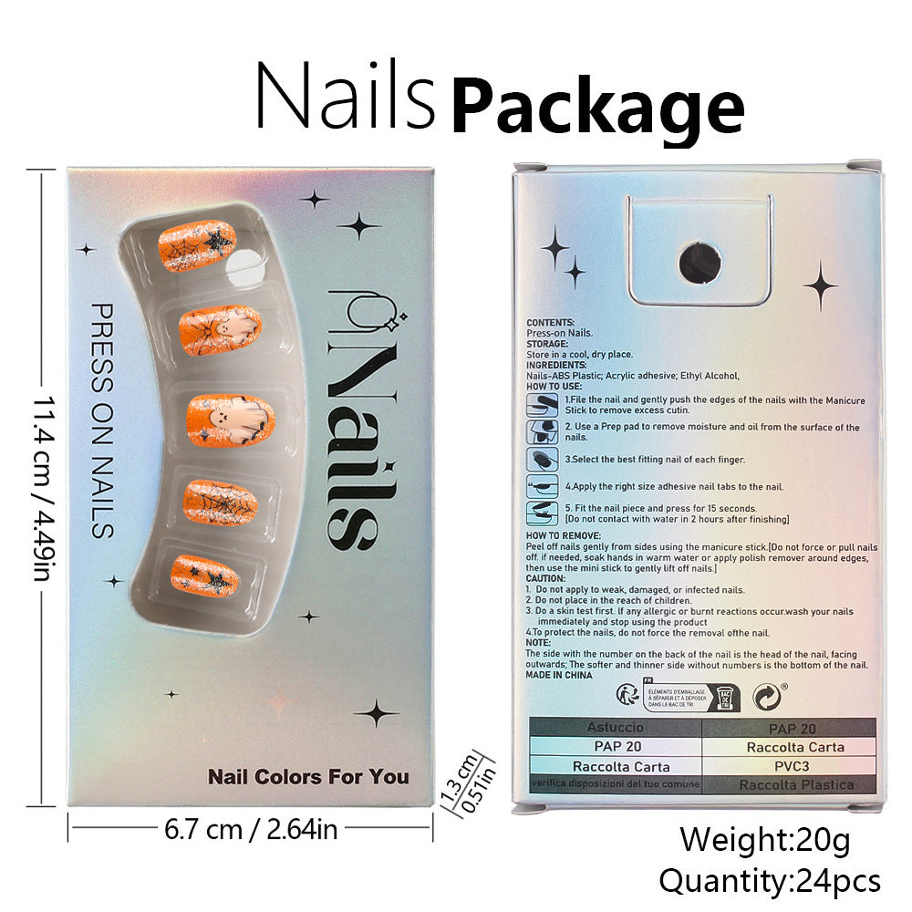 Orange Glitter Bow Ghost Spider Halloween Press-On Nails (24 Pcs Universal Fit)