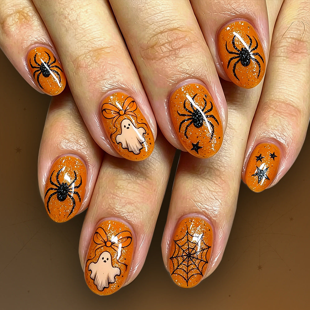 Orange Glitter Bow Ghost Spider Halloween Press-On Nails (24 Pcs Universal Fit)