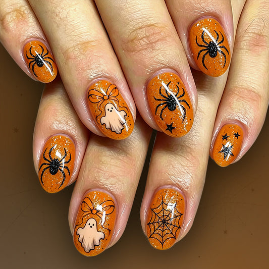 Orange Glitter Bow Ghost Spider Halloween Press-On Nails (24 Pcs Universal Fit)