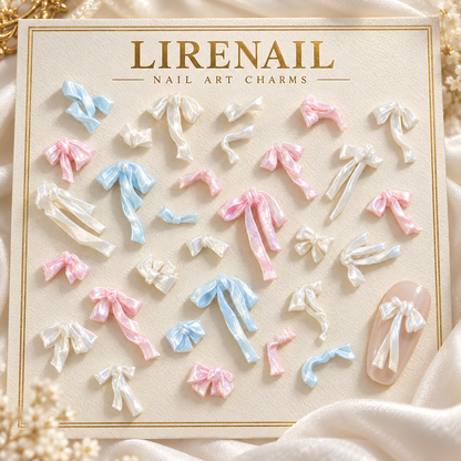 Pearlescent Resin Ribbon Bow Nail Charms – 50 Pcs