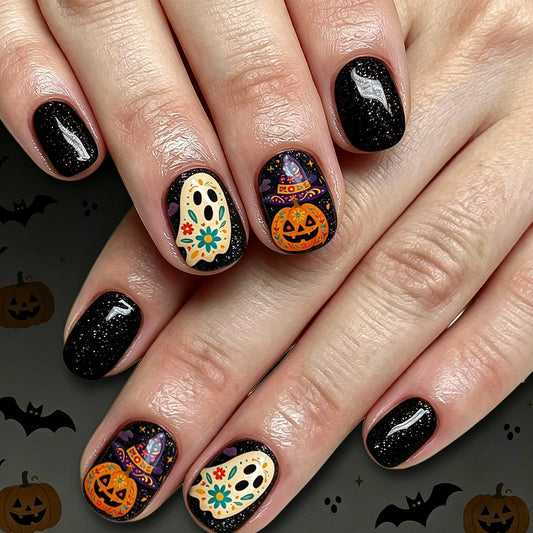 Day of the Dead Ghost Pumpkin Halloween Press-On Nails (24 Pcs Universal Fit)