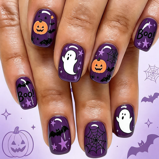 Purple Spooky Pumpkin Ghost Halloween Press-On Nails (24 Pcs Mix & Match)