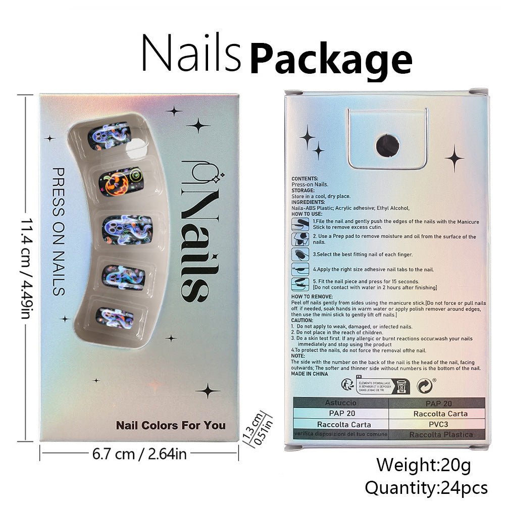 Neon Psychedelic Ghost Halloween Press-On Nails (24 Pcs Universal Fit)