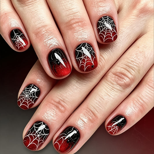 Black Red Ombre Spider Web Halloween Press-On Nails (24 Pcs Universal Fit)