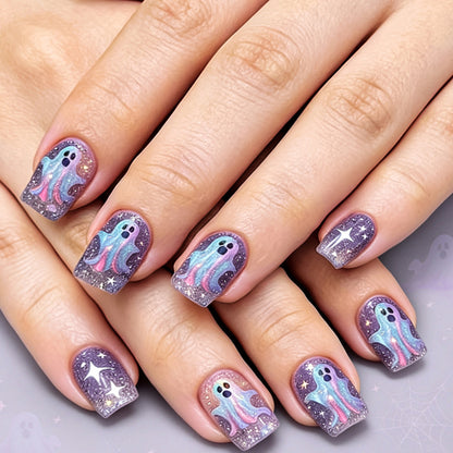 Pastel Galaxy Ghost Halloween Press-On Nails (24 Pcs Universal Fit)