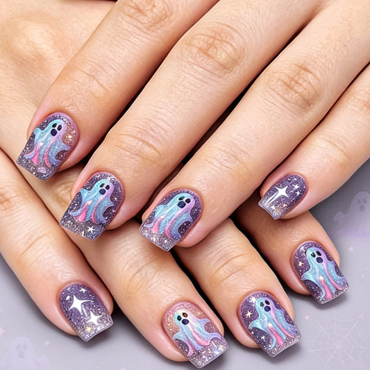Pastel Galaxy Ghost Halloween Press-On Nails (24 Pcs Universal Fit)