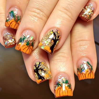 Autumn Pumpkin Patch Glitter Press-On Nails (24 Pcs Universal Fit)