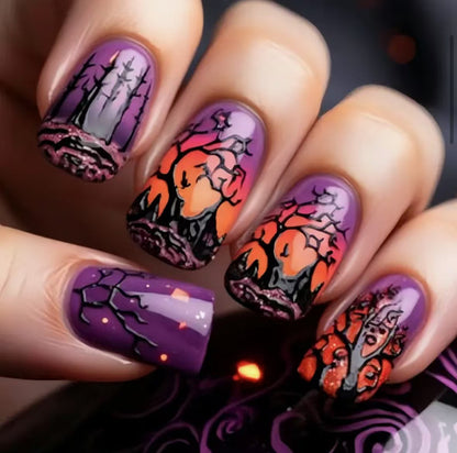 Purple Spooky Forest Halloween Press-On Nails (24 Pcs Universal Fit)
