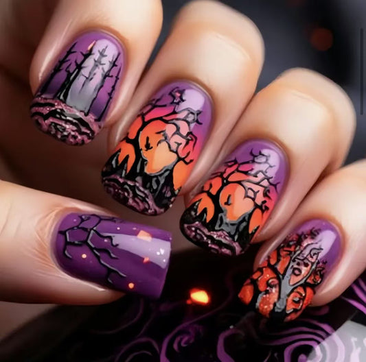 Purple Spooky Forest Halloween Press-On Nails (24 Pcs Universal Fit)