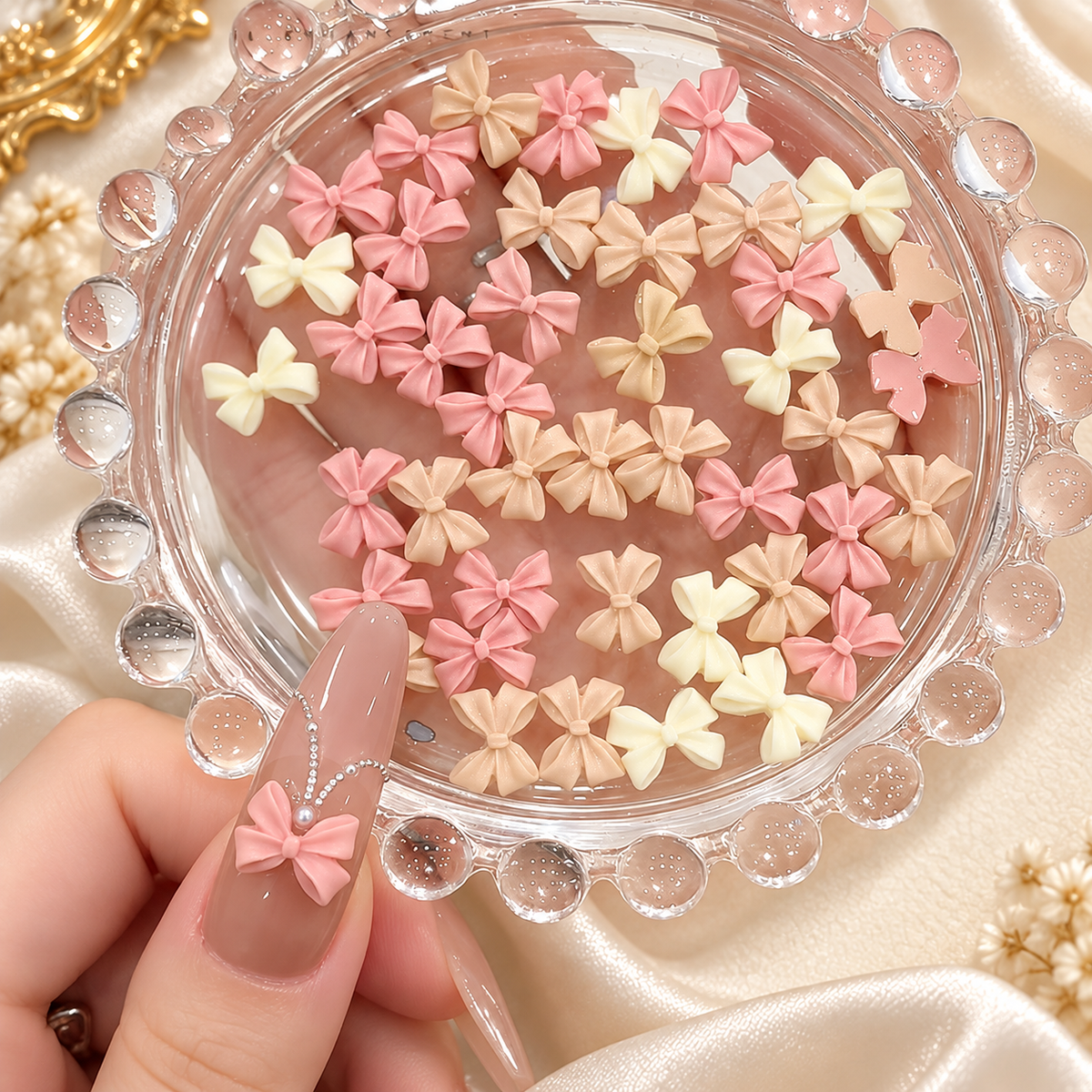 Resin Bow Nail Charms – Folded & Satin Ribbon Styles, 5 Pcs