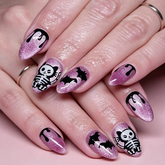 Purple Shimmer Skeleton Cat Halloween Press-On Nails (24 Pcs Universal Fit)