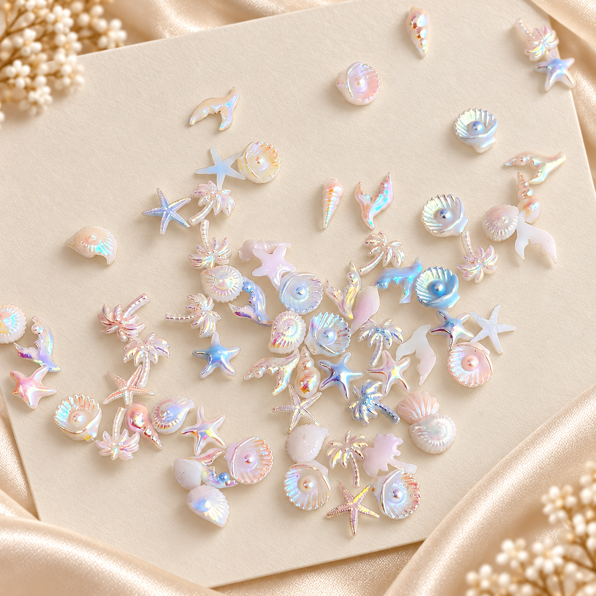 Iridescent Sea-Themed Nail Charms – Mixed Shapes, 50 Pcs