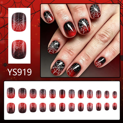 Black Red Ombre Spider Web Halloween Press-On Nails (24 Pcs Universal Fit)
