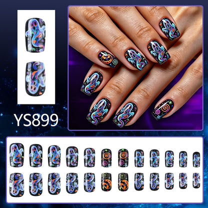 Neon Psychedelic Ghost Halloween Press-On Nails (24 Pcs Universal Fit)