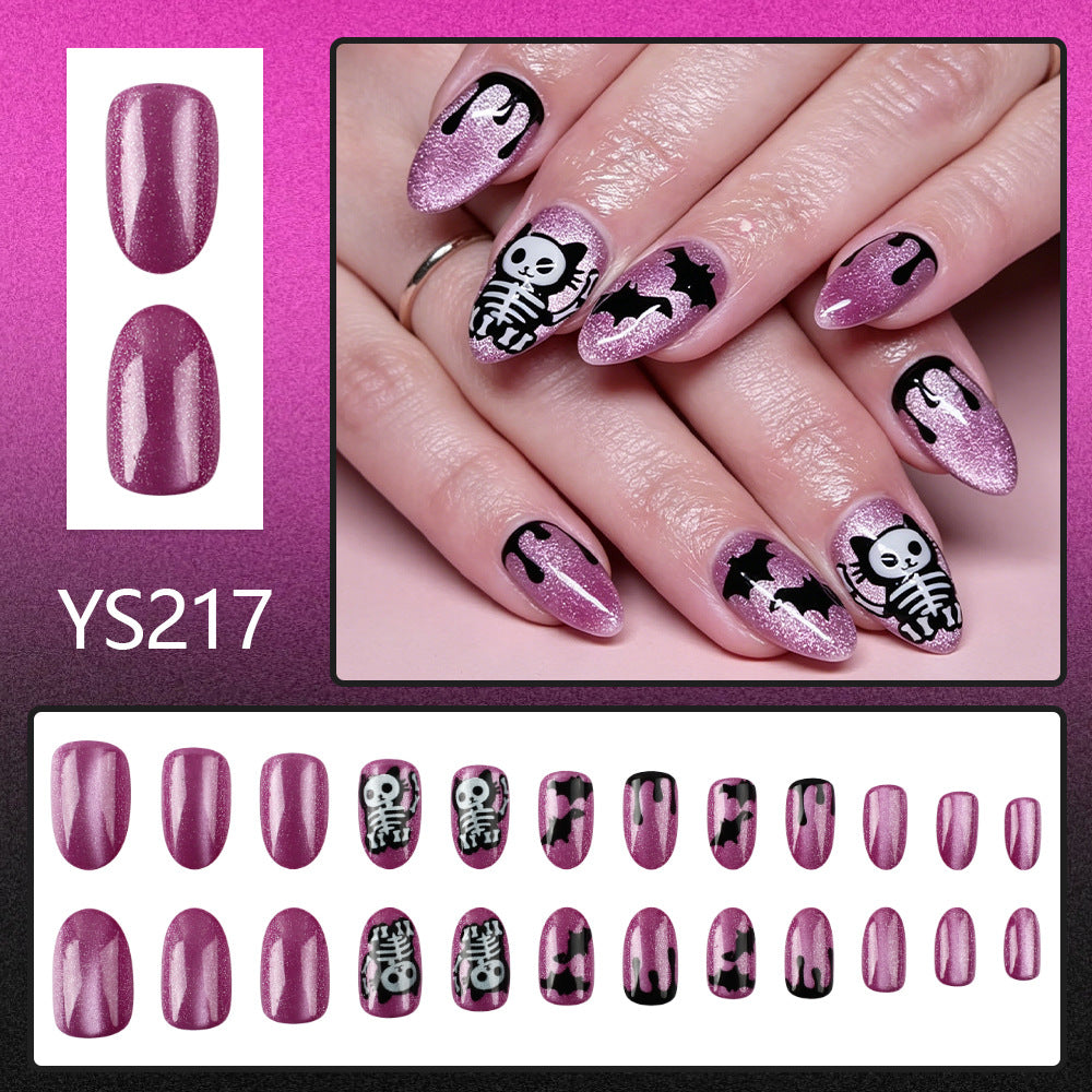 Purple Shimmer Skeleton Cat Halloween Press-On Nails (24 Pcs Universal Fit)