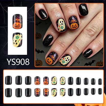 Day of the Dead Ghost Pumpkin Halloween Press-On Nails (24 Pcs Universal Fit)