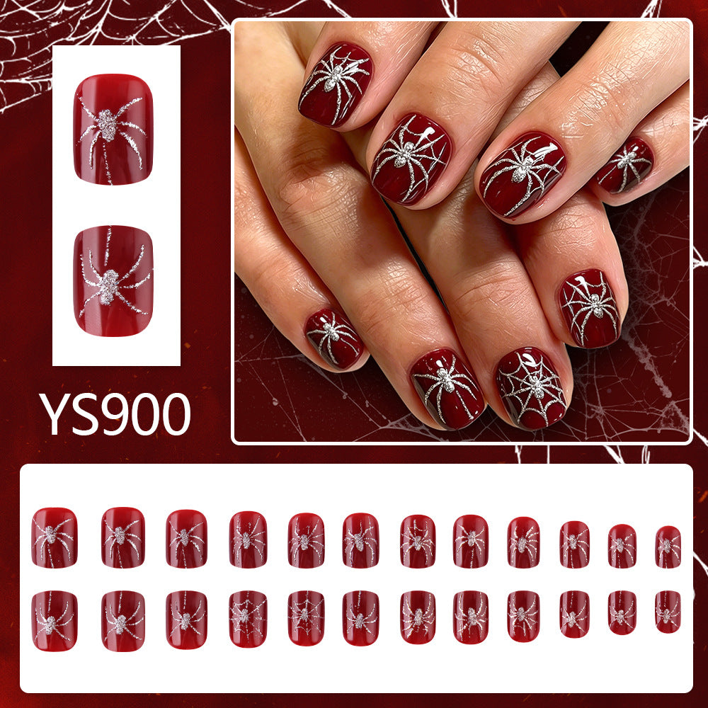 Crimson Glitter Spider Halloween Press-On Nails (24 Pcs Universal Fit)
