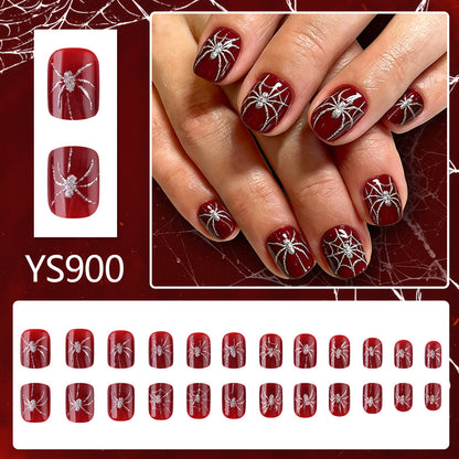 Crimson Glitter Spider Halloween Press-On Nails (24 Pcs Universal Fit)