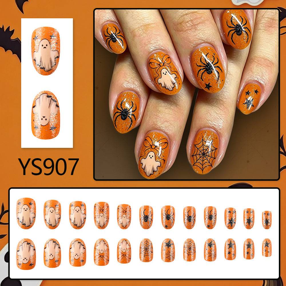 Orange Glitter Bow Ghost Spider Halloween Press-On Nails (24 Pcs Universal Fit)