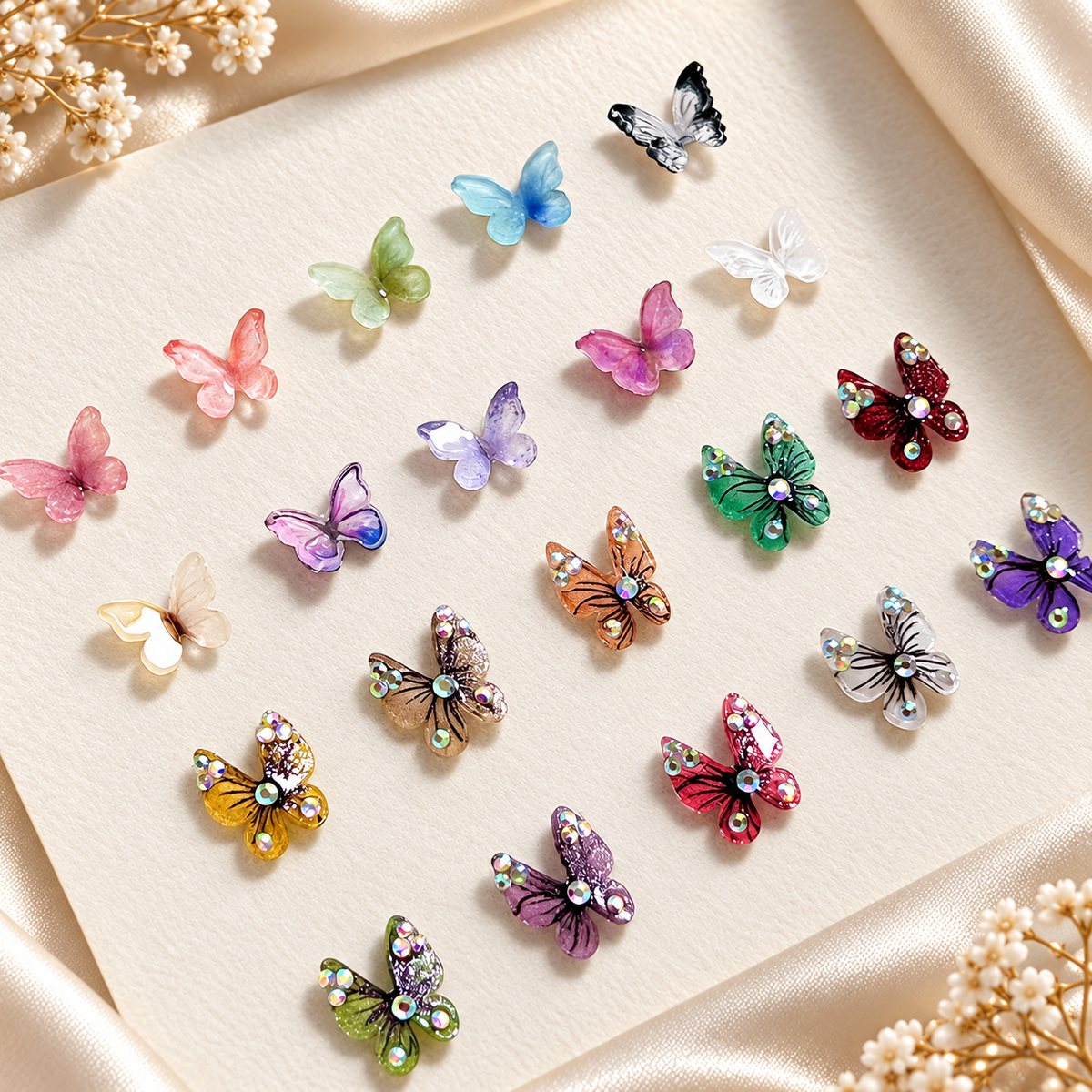 3D Resin Butterfly Nail Charms – Resin & Rhinestone Styles, 5 Pcs