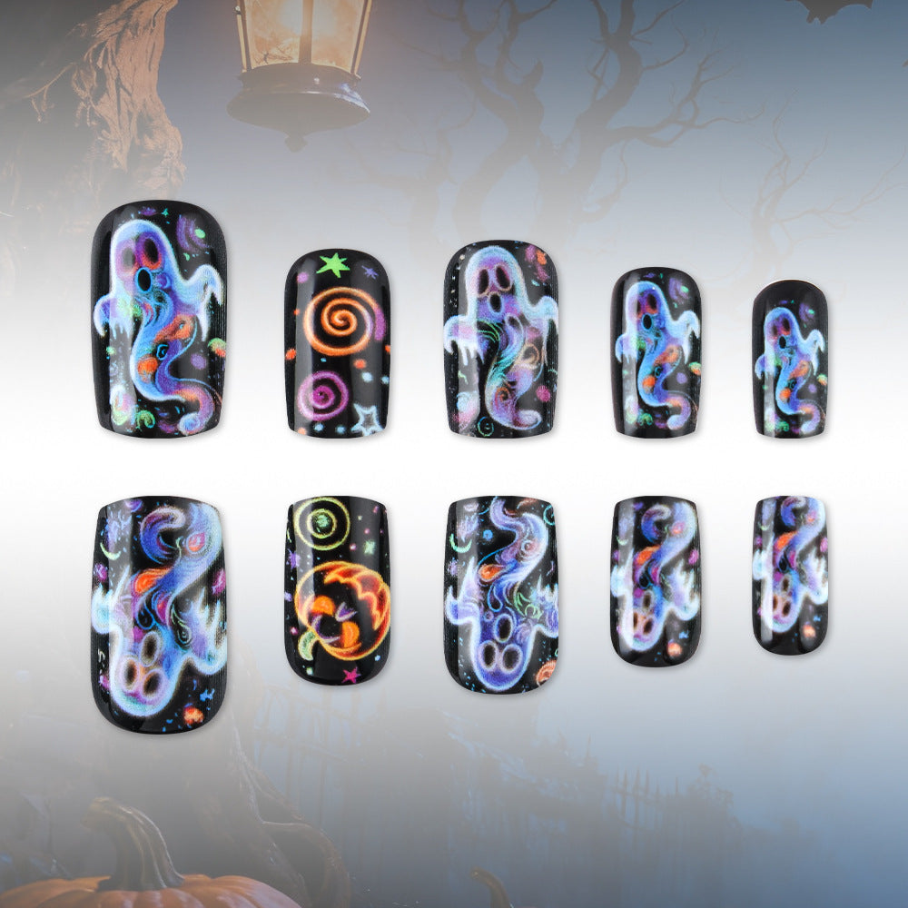 Neon Psychedelic Ghost Halloween Press-On Nails (24 Pcs Universal Fit)