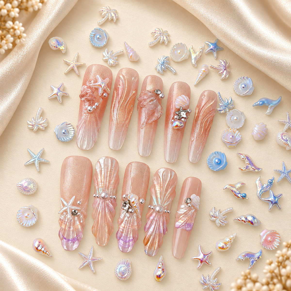 Iridescent Sea-Themed Nail Charms – Mixed Shapes, 50 Pcs
