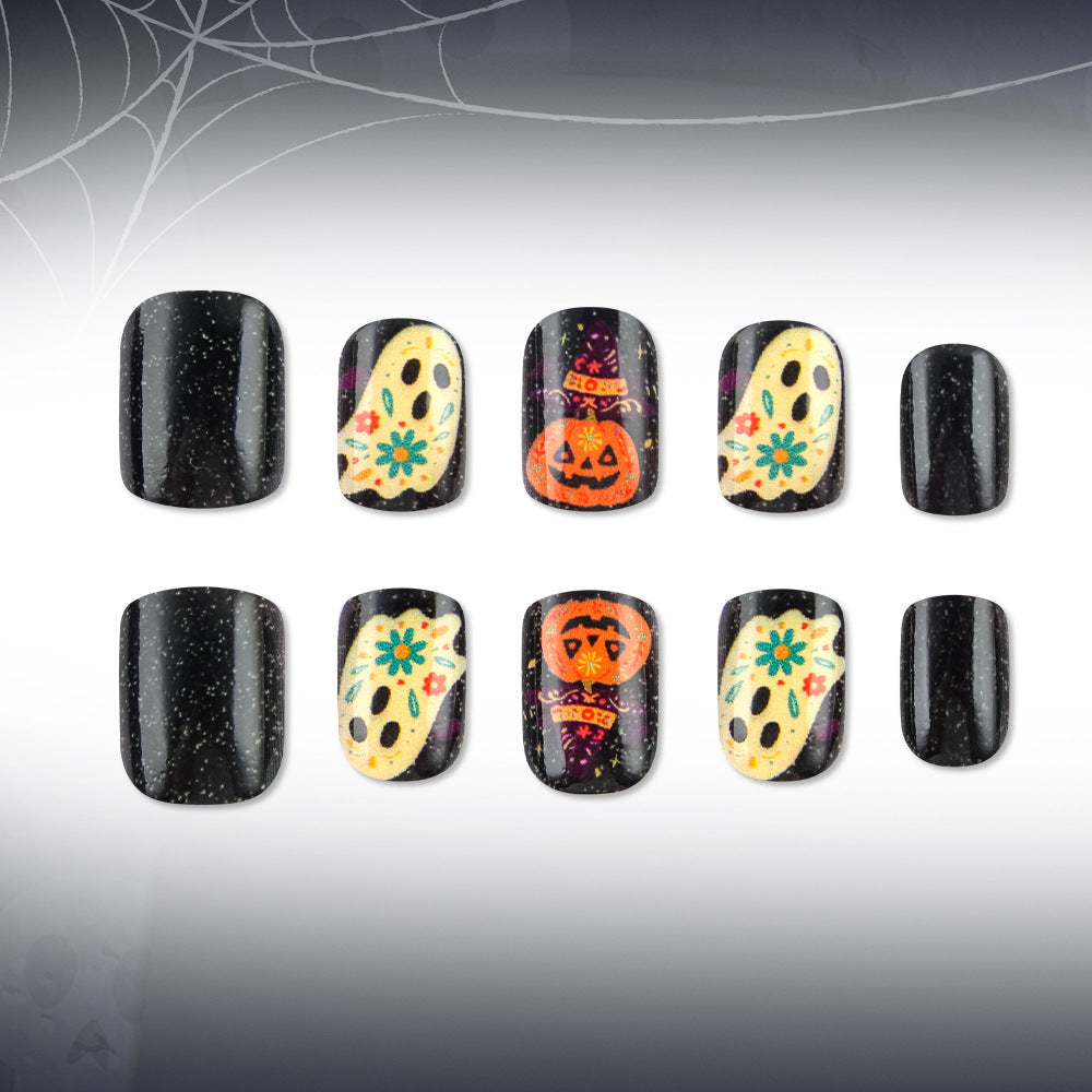 Day of the Dead Ghost Pumpkin Halloween Press-On Nails (24 Pcs Universal Fit)