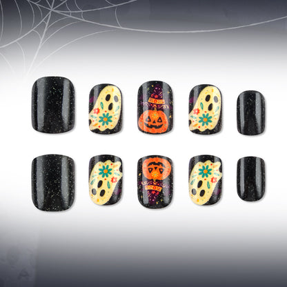 Day of the Dead Ghost Pumpkin Halloween Press-On Nails (24 Pcs Universal Fit)