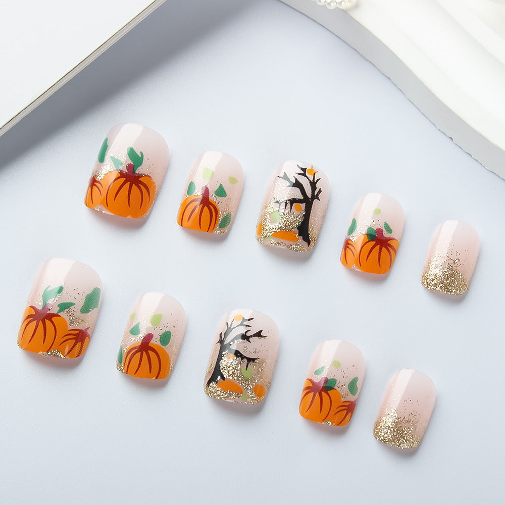 Autumn Pumpkin Patch Glitter Press-On Nails (24 Pcs Universal Fit)