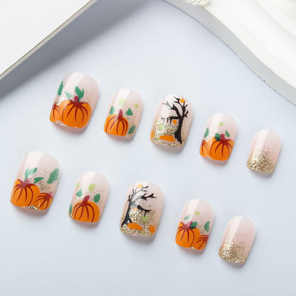 Autumn Pumpkin Patch Glitter Press-On Nails (24 Pcs Universal Fit)