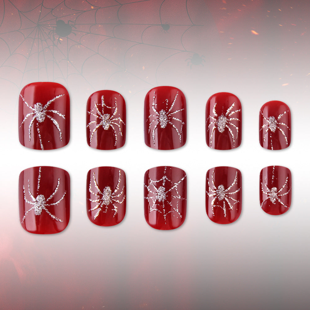Crimson Glitter Spider Halloween Press-On Nails (24 Pcs Universal Fit)