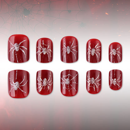 Crimson Glitter Spider Halloween Press-On Nails (24 Pcs Universal Fit)