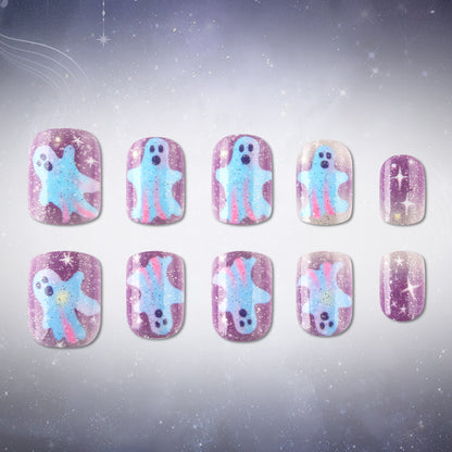 Pastel Galaxy Ghost Halloween Press-On Nails (24 Pcs Universal Fit)