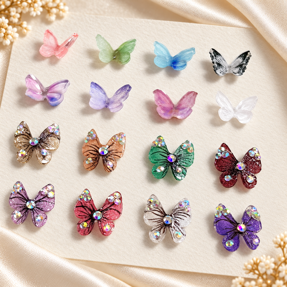 3D Resin Butterfly Nail Charms – Resin & Rhinestone Styles, 5 Pcs