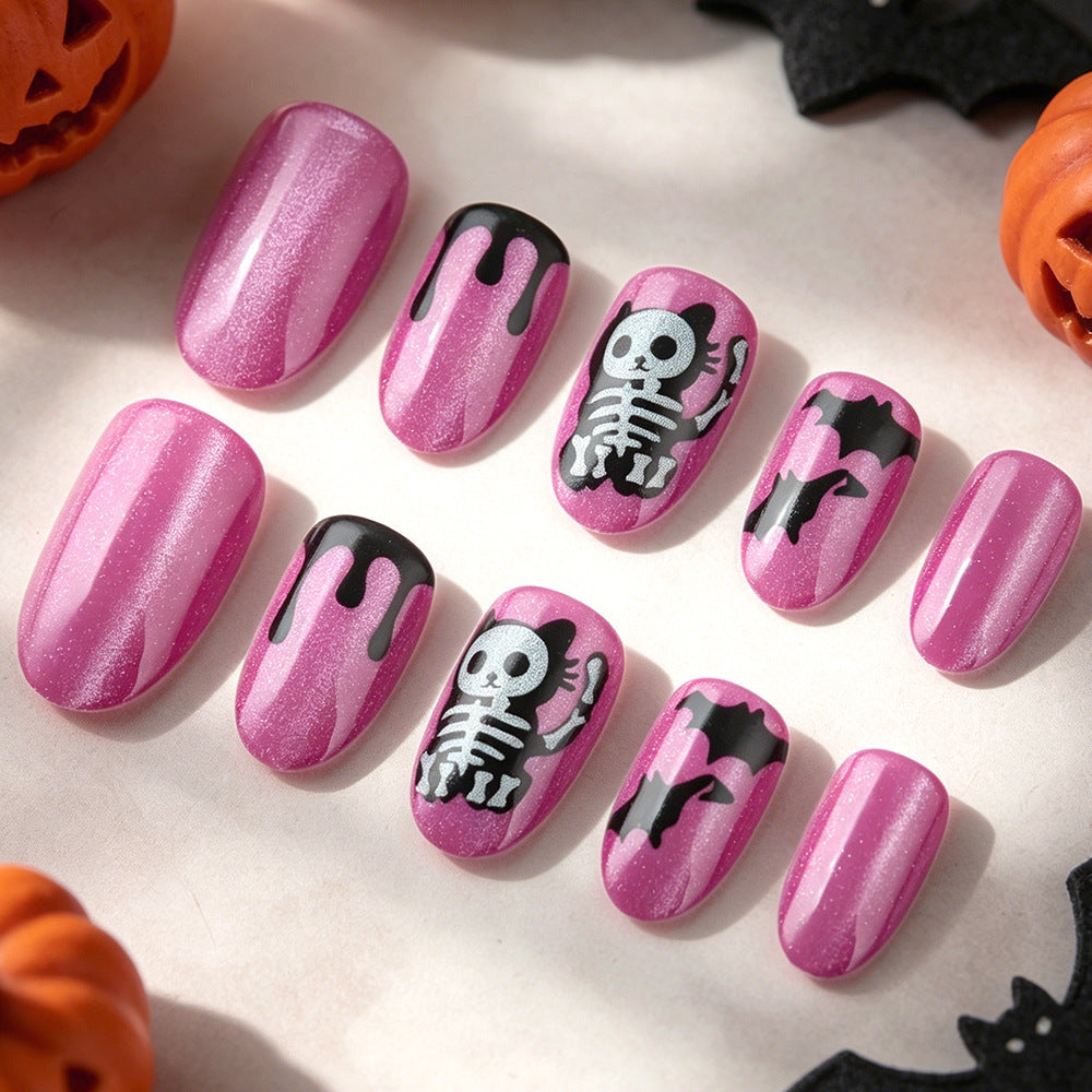 Purple Shimmer Skeleton Cat Halloween Press-On Nails (24 Pcs Universal Fit)
