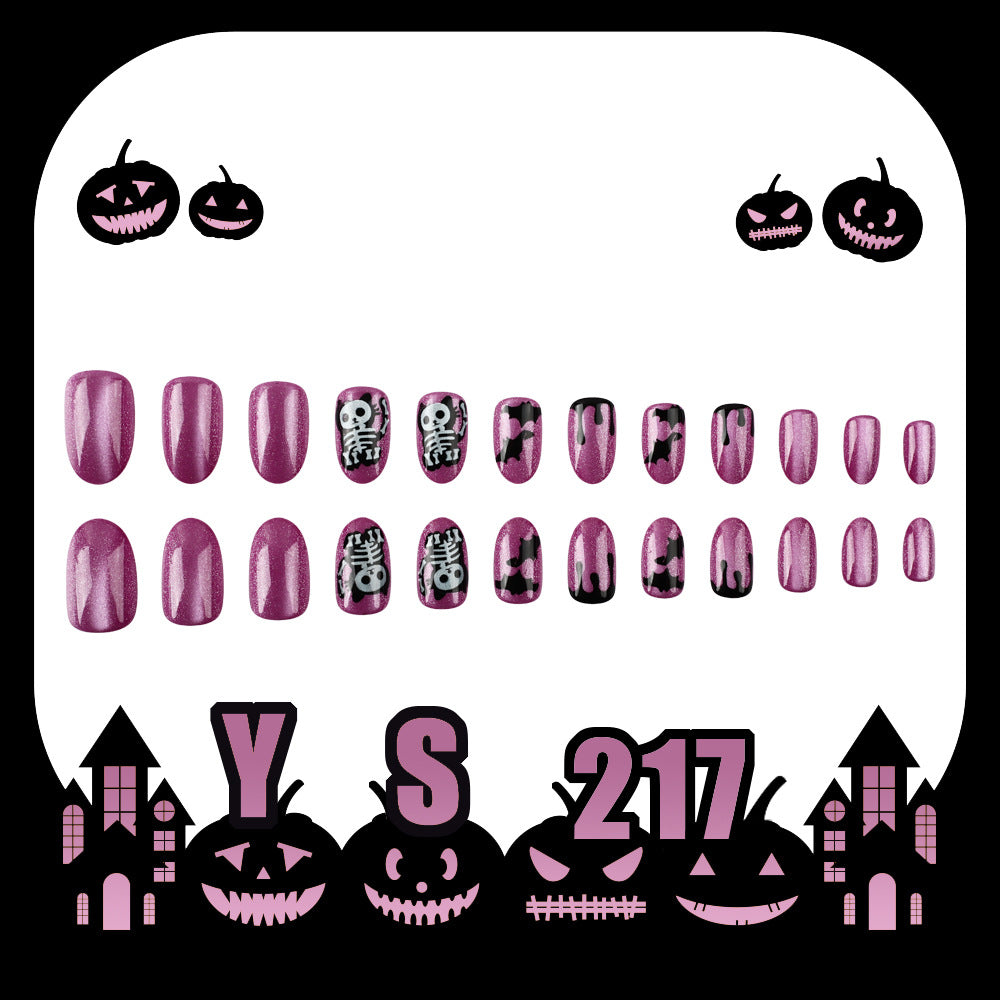 Purple Shimmer Skeleton Cat Halloween Press-On Nails (24 Pcs Universal Fit)