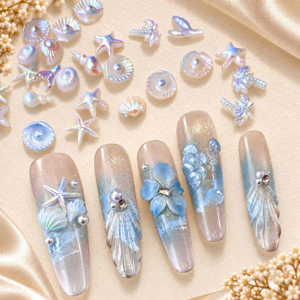 Iridescent Sea-Themed Nail Charms – Mixed Shapes, 50 Pcs