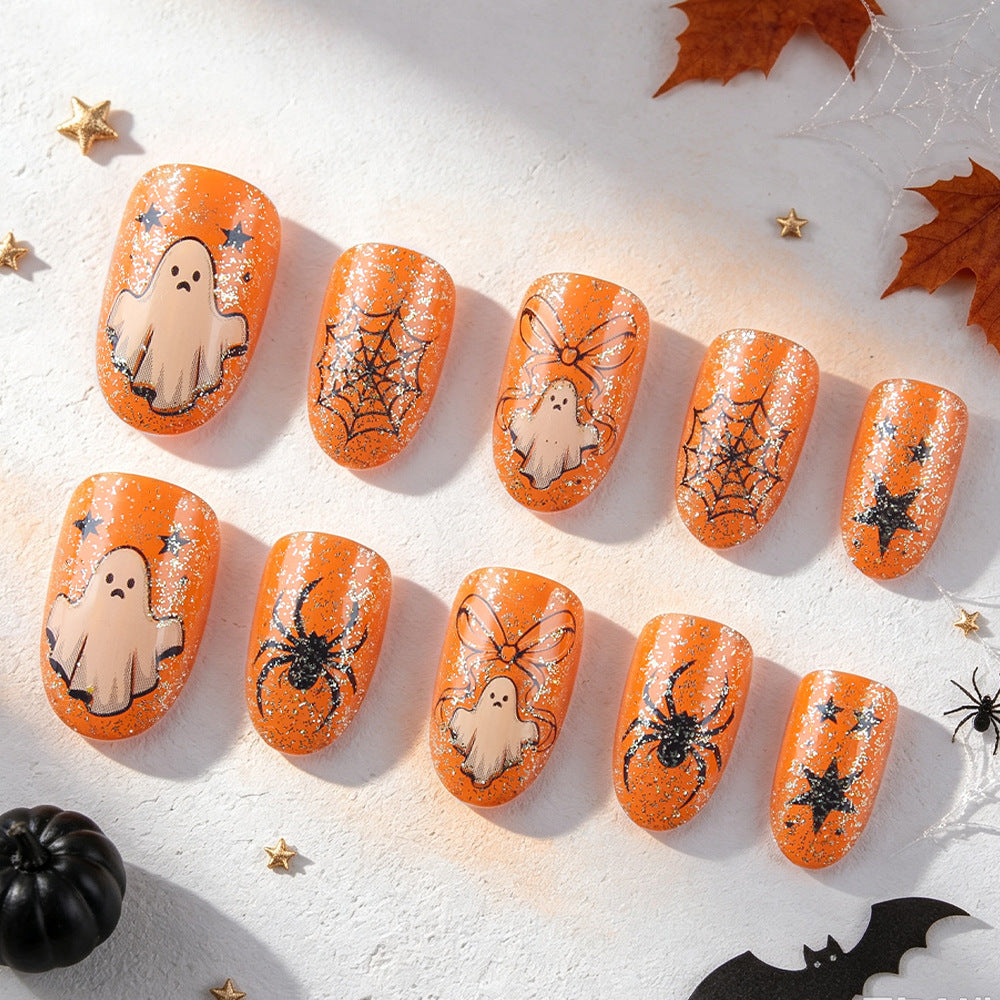 Orange Glitter Bow Ghost Spider Halloween Press-On Nails (24 Pcs Universal Fit)
