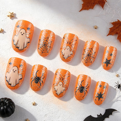 Orange Glitter Bow Ghost Spider Halloween Press-On Nails (24 Pcs Universal Fit)