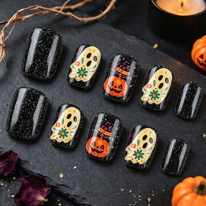 Day of the Dead Ghost Pumpkin Halloween Press-On Nails (24 Pcs Universal Fit)